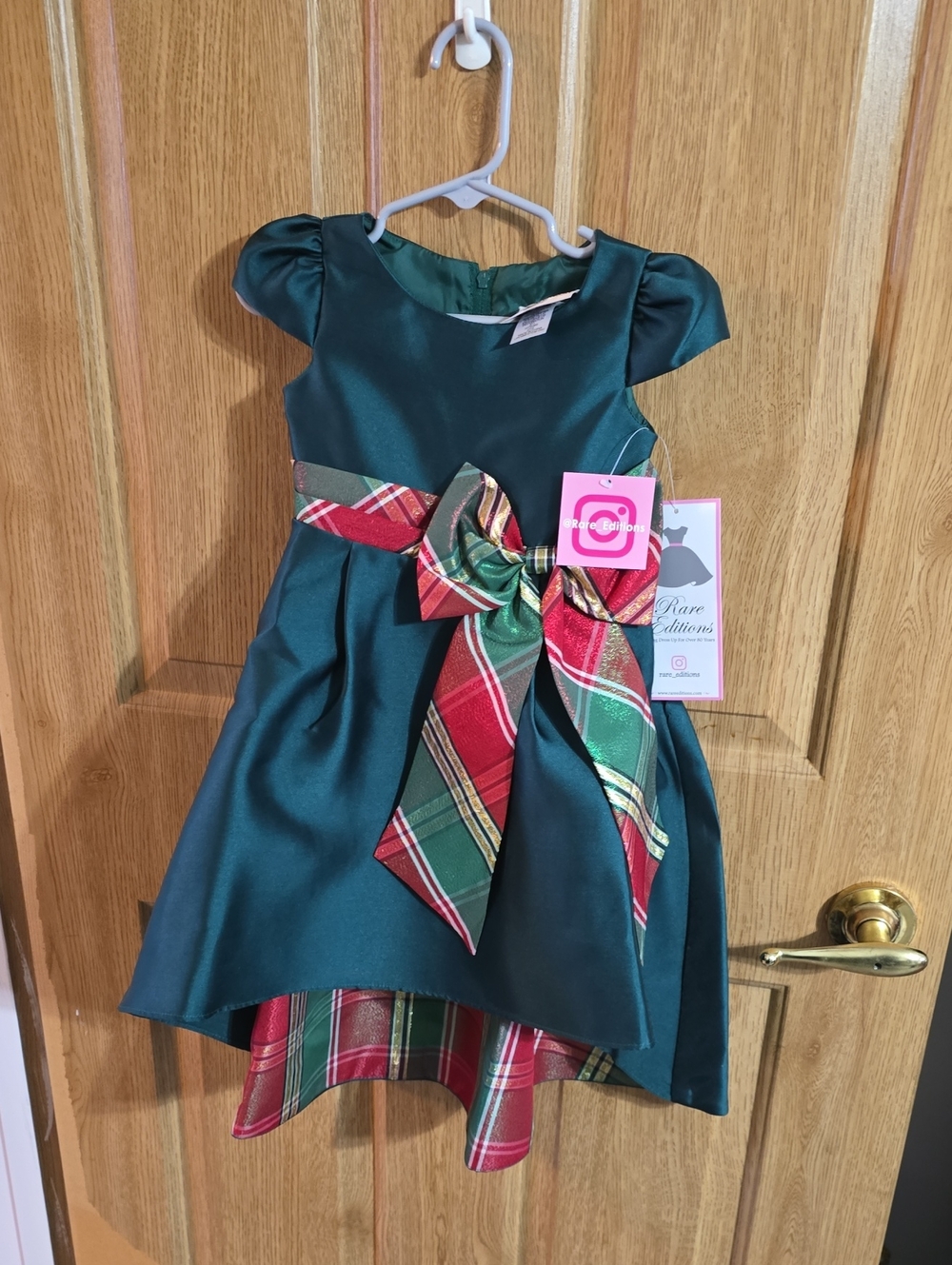 Rare Editions Teal Green Dress with Red and Green Plaid Bow